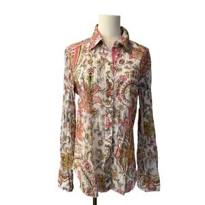 Cino Womens Cotton Button Up Shirt Floral Paisley Boho Long Sleeve Crinkle Large